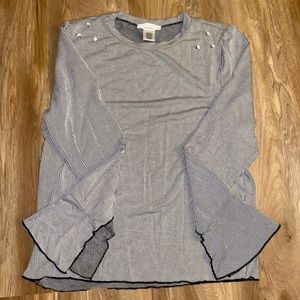 pearl beaded shoulders, flare sleeves, business top